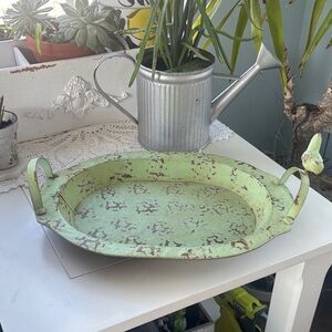 Vintage Distressed Green Metal Serving Tray with Handles
